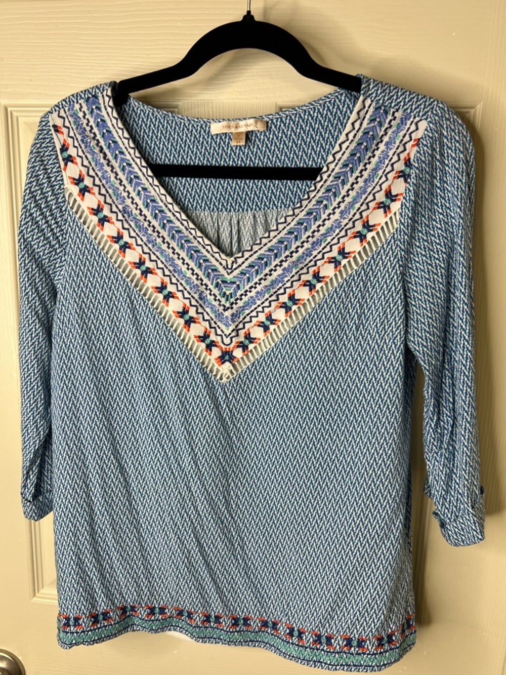 Skies Are Blue Light Blue Embroidered V-Neck Tunic